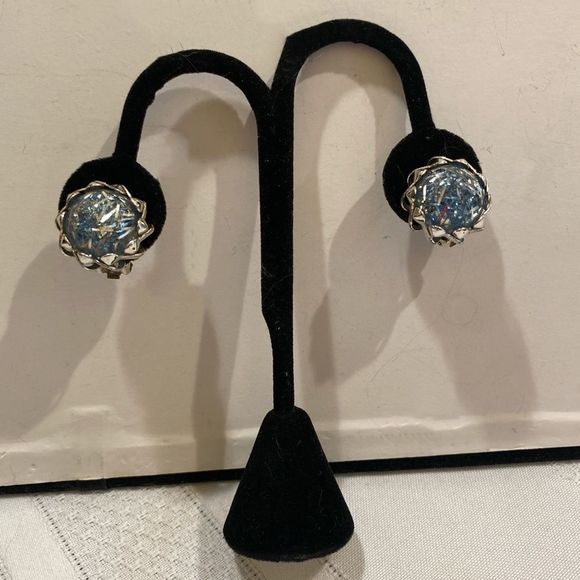Vintage Silver And Blue Confetti Button Earrings - Picture 5 of 9
